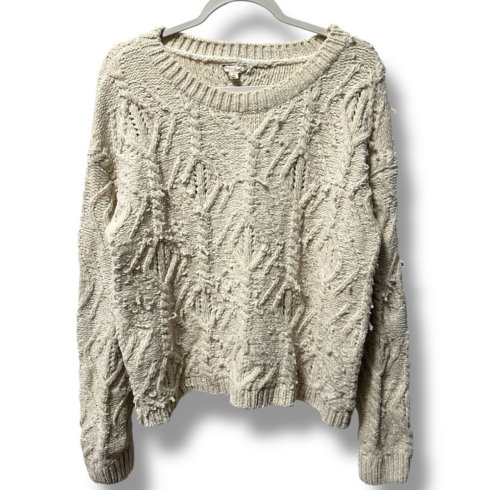 Hem & Thread Women's Textured Cable Knit Sweater Cream L Cozy Cottagecore